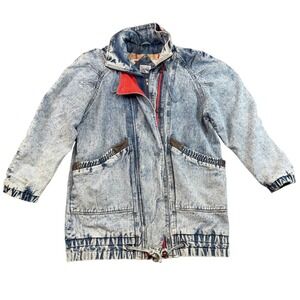 Vintage Weathered Blues Acid Wash Denim Jacket 80s Tribal Lining Hooded Blue M‎